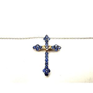 Sterling & 10k Gold Lab Blue Sapphire Cross Necklace